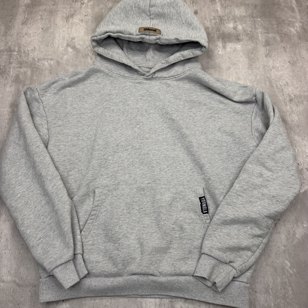 YoungLA Mens Hoodie Pullover Gray Small Athletic Logo Fleece Hooded Sweatshirt